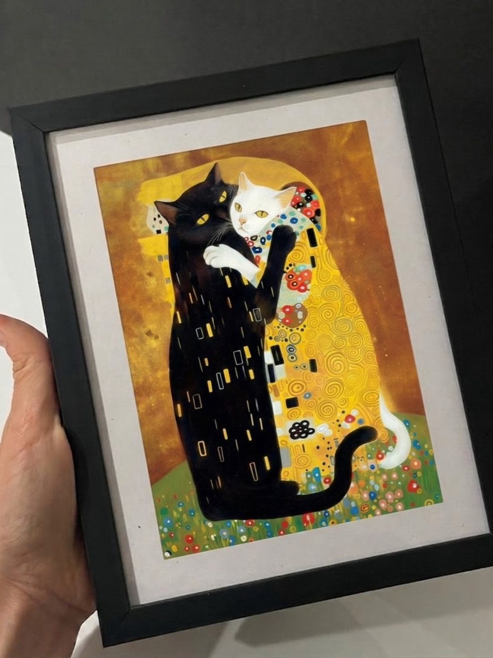 Gustav Klimt Inspired black and white cat art print